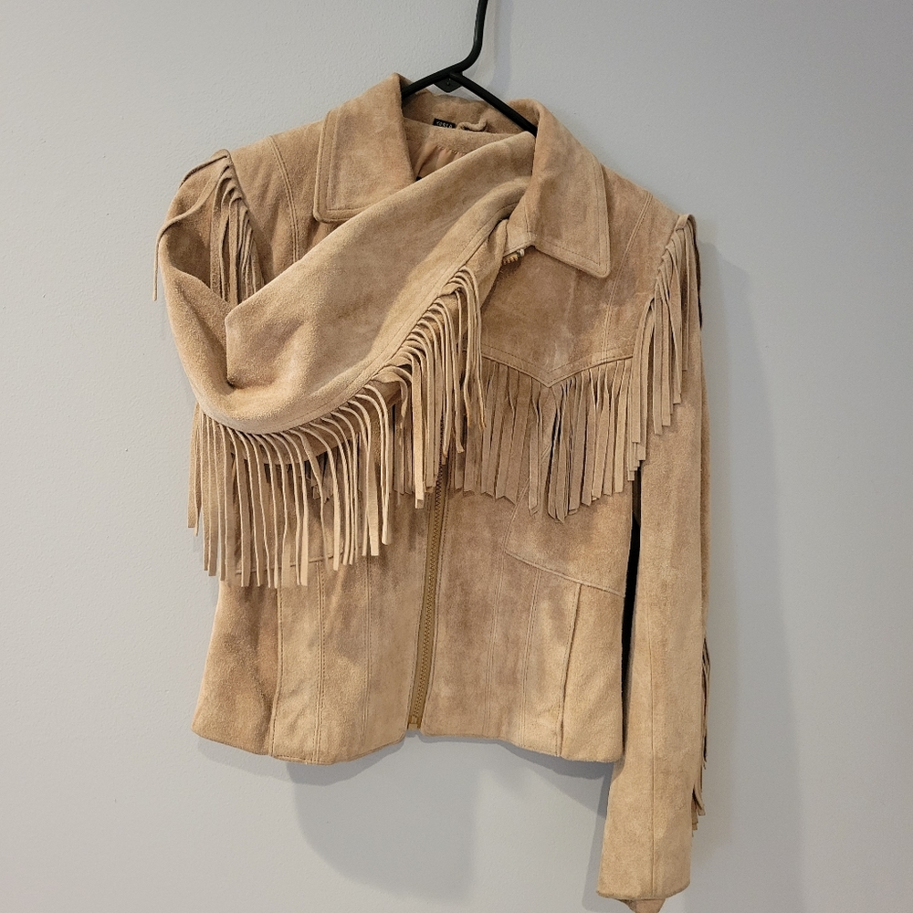 Wilsons Leather Beige Suede Fringe Jacket